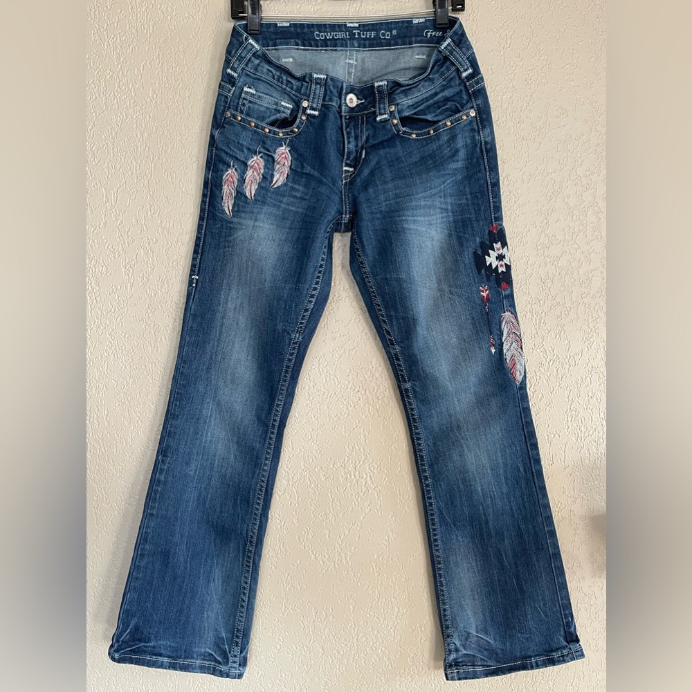 Cowgirl Tuff Women’s Denim Arrows Feathers Aztec Embroidered Jeans 27x31 EUC